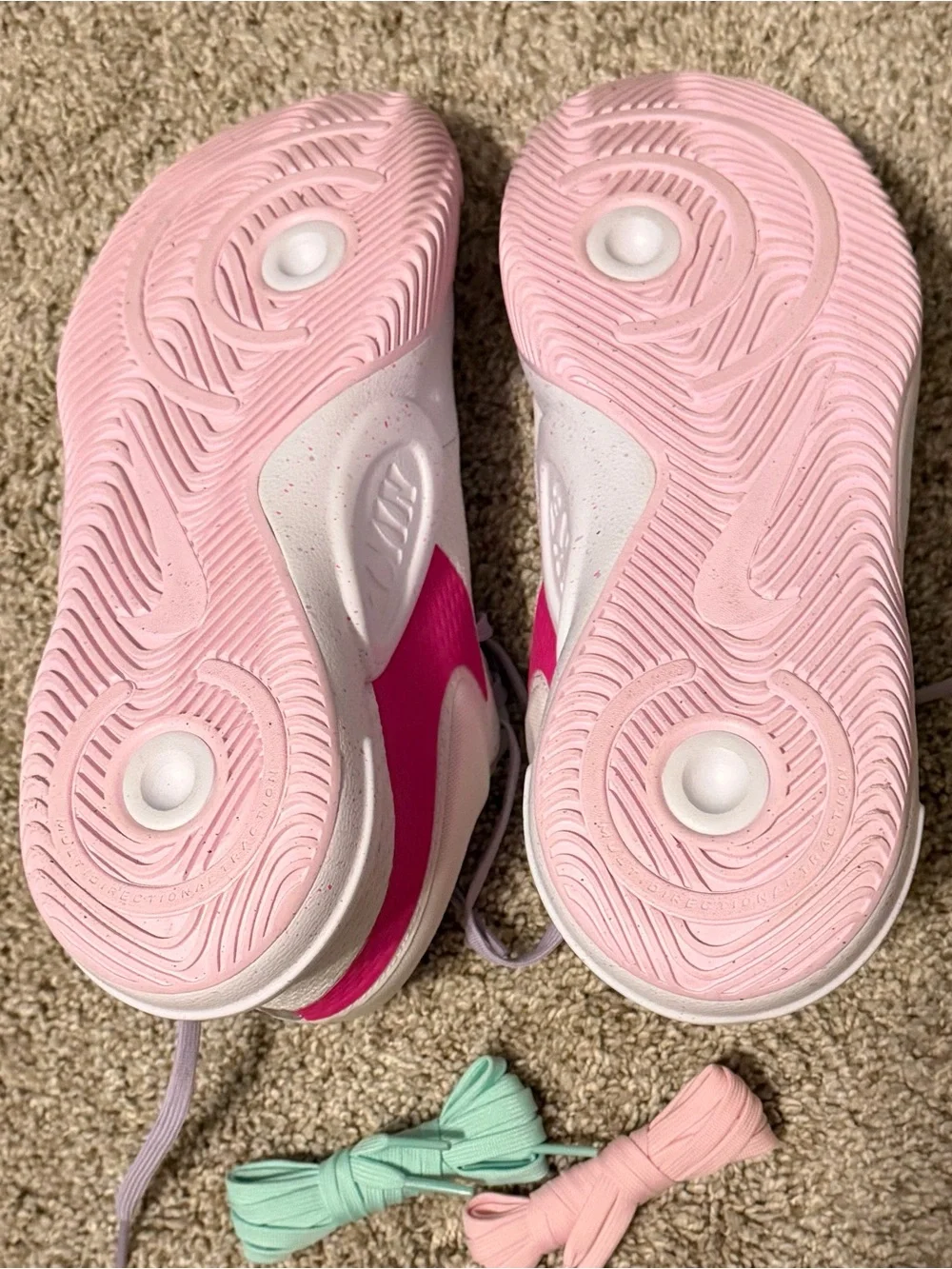 Nike White Sneakers with Pink Midsoles and Lavender Laces